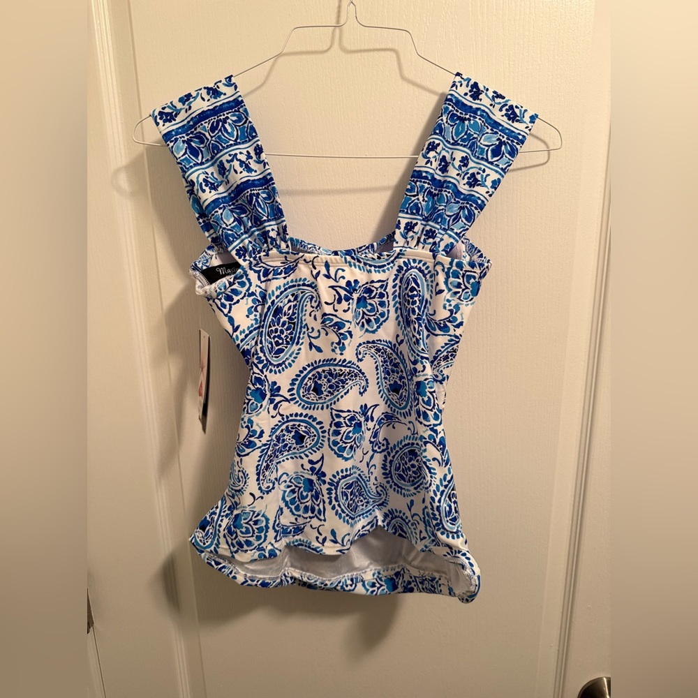 Maxine of Hollywood Positano Paisley Cap Sleeve Tankini Top Swimsuit in Blue - Picture 2 of 7